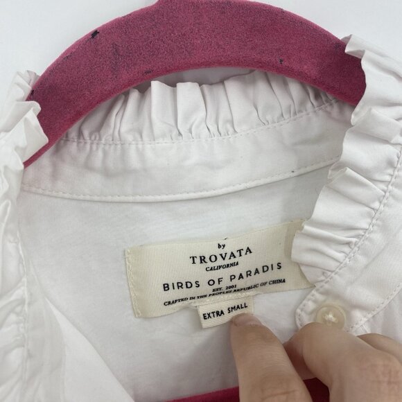 Trovata Birds of Paradis XS White Valentina Poplin V-Neck Top Ruffle Collar - Picture 4 of 16